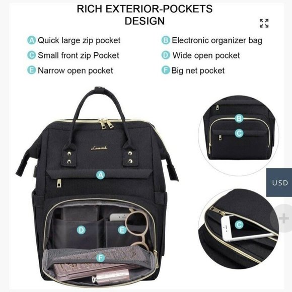 LOVEVOOK LAPTOP BACKPACK FOR WOMEN, WITH USB PORT COMPUTER WORK BLACK BAG - Picture 3 of 10